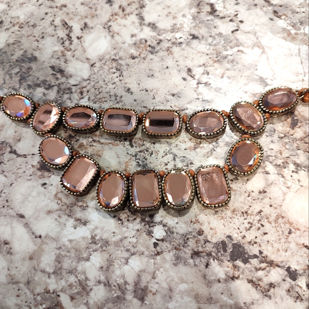 St Thomas Crystal Mirror Statement Necklace ~ Copper Peach Pink Tone Layered 22"